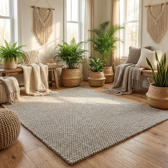 Translation missing: es.Neutral gray chunky wool area rug with heavy texture, ideal for living room, bedroom, or cozy reading space
