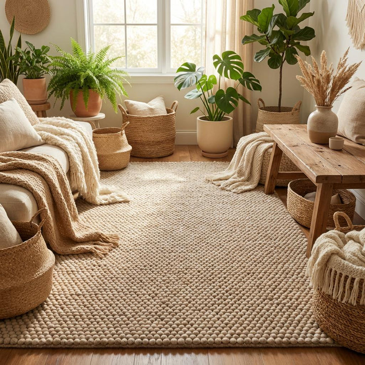 Translation missing: es.Textured wool rug with chunky loops, cozy neutral floor rug ideal for minimalist and Scandinavian décor
