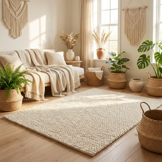 Translation missing: es.Handwoven chunky wool rug folded to show plush texture, modern Scandinavian style wool floor rug in ivory tone