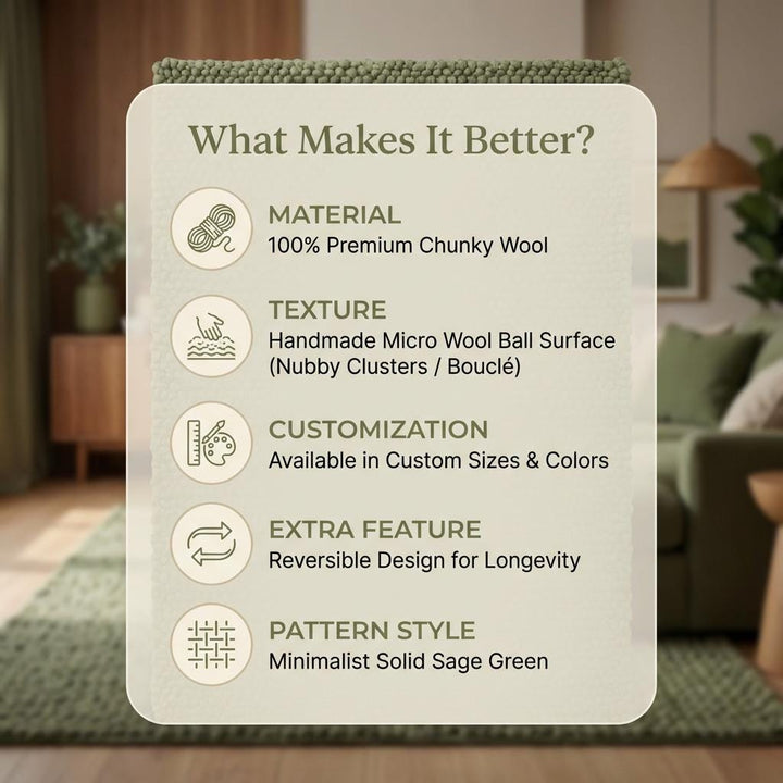 Translation missing: es.Handwoven Chunky Wool Rug, Sage Green Scandinavian Decor