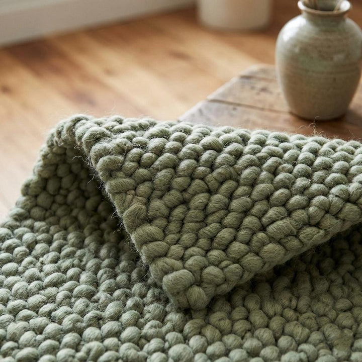 Translation missing: es.Handwoven chunky wool rug in sage green with thick textured weave for cozy Scandinavian decor