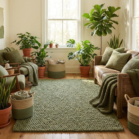 Translation missing: es.Thick wool area rug in neutral green tone, cozy handmade rug for living room or bedroom decor