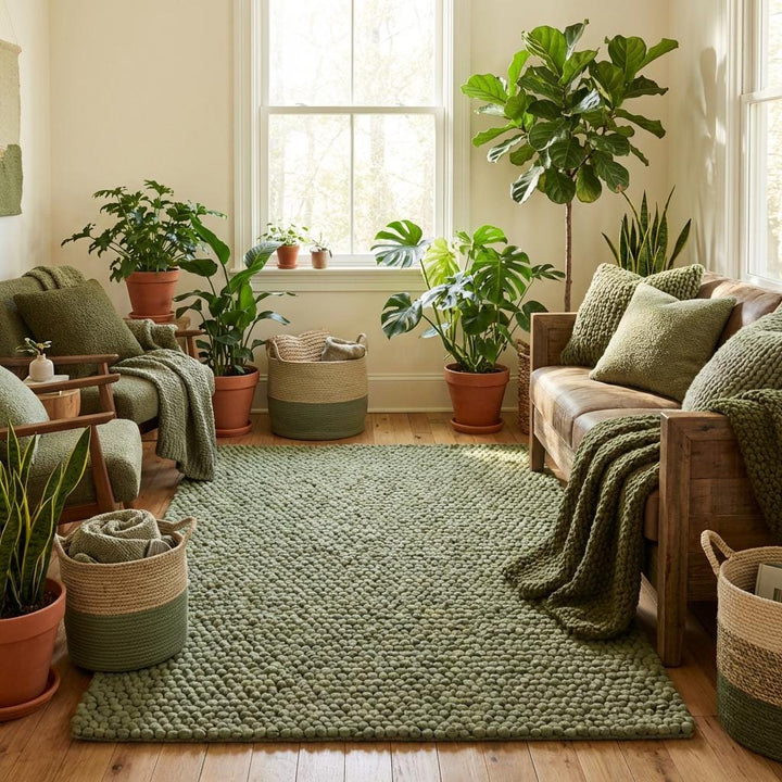 Translation missing: es.Thick wool area rug in neutral green tone, cozy handmade rug for living room or bedroom decor