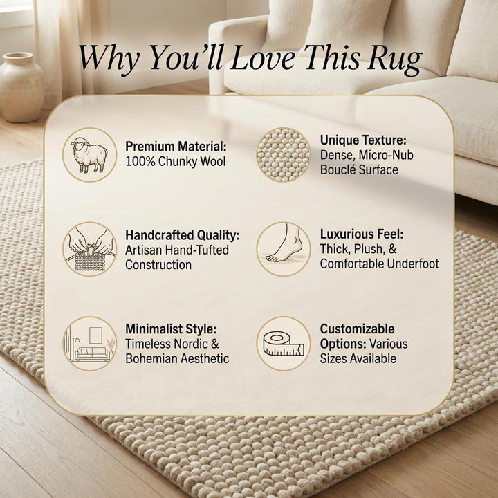Translation missing: es.Handwoven Chunky Wool Rug, Textured Neutral Scandinavian Decor