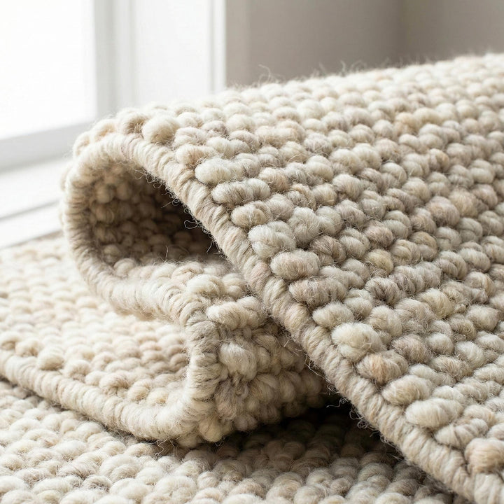 Translation missing: es.Handwoven chunky wool rug with textured neutral Scandinavian design in cream-beige tones