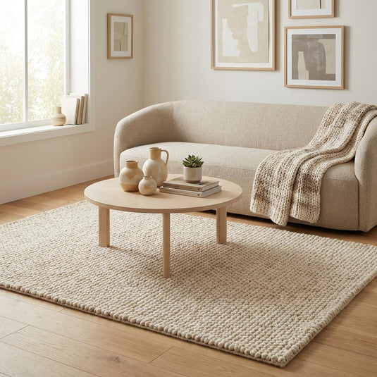 Translation missing: es.Chunky handwoven wool rug detail showing boucle texture, natural wool fibers and soft neutral finish
