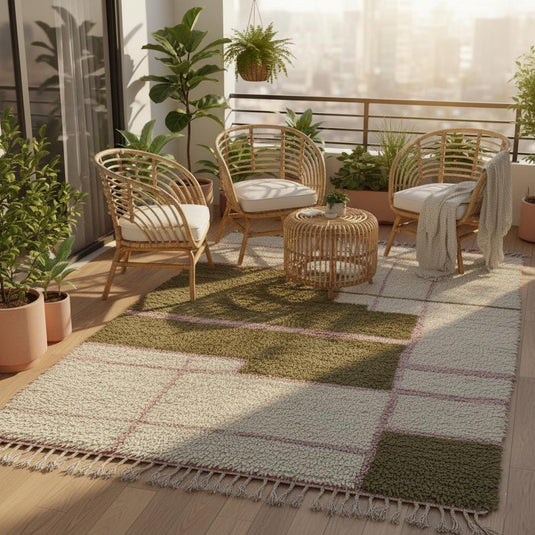 Translation missing: es.Beni Ourain style wool shag rug in cream and olive with fringe, modern geometric design for living room — rugs rug carpet teppich