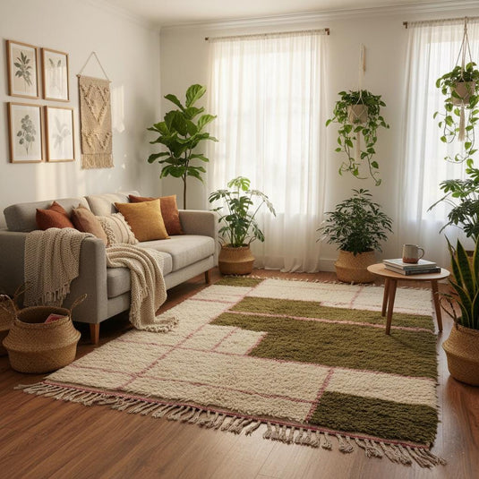 Translation missing: es.Neutral cream shag rug featuring olive square blocks and pink lines, handwoven texture perfect for boho and mid-century interiors — rugs rug carpet teppich