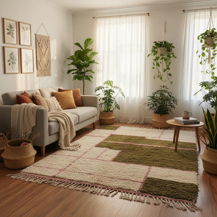 Translation missing: es.Neutral cream shag rug featuring olive square blocks and pink lines, handwoven texture perfect for boho and mid-century interiors — rugs rug carpet teppich