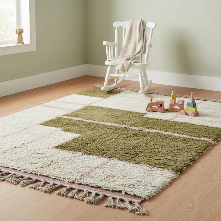 Translation missing: es.Large handwoven wool area rug with cream base, olive abstract blocks, and fringe — soft pile for living room or bedroom, rugs rug carpet teppich
