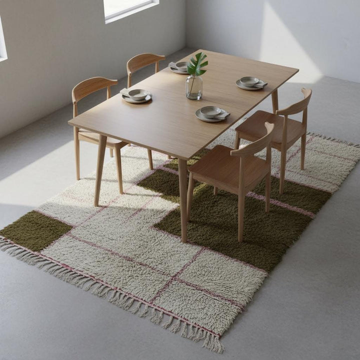 Translation missing: es.Handwoven Moroccan Beni Ourain Rug – Cream &amp; Olive Geometric Wool Shag