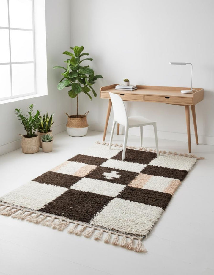 Translation missing: es.Handwoven Moroccan Berber Shag Rug — Cream &amp; Chocolate Checker Wool Area Rugs, Rug for Living Room, Boho Carpet, Teppich