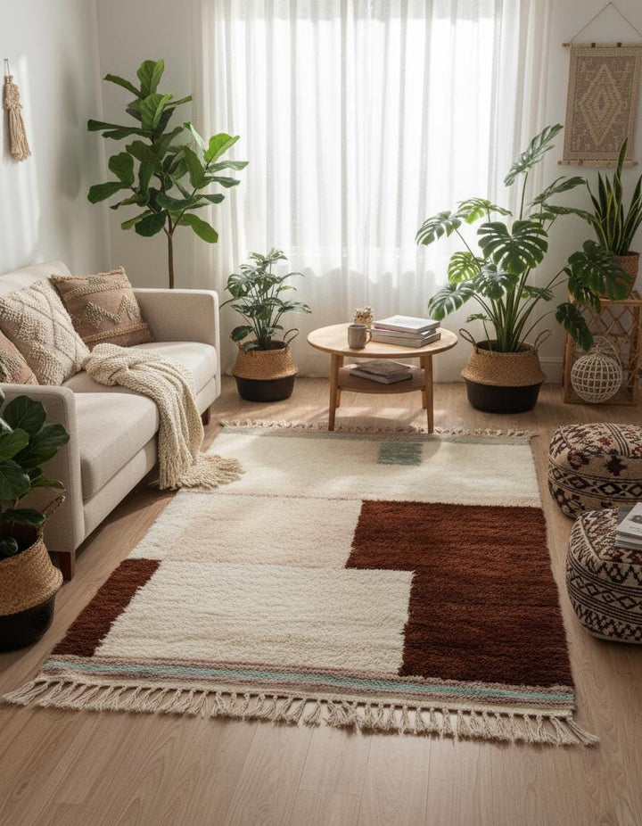Translation missing: es.Handwoven Moroccan Berber Wool Rug – Cream &amp; Chocolate Block, Boho Shag Carpet