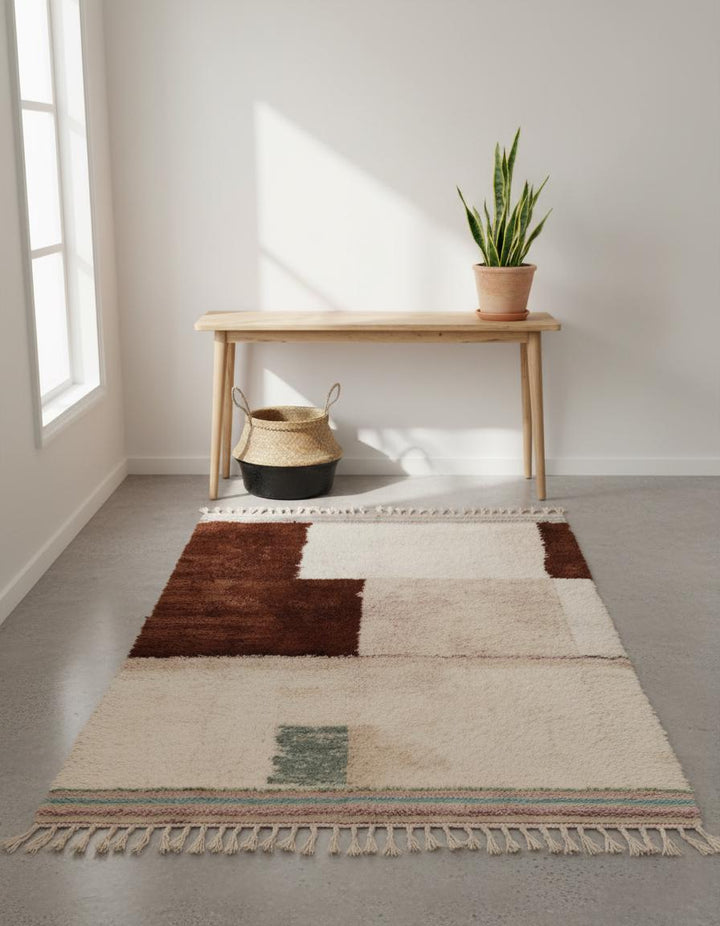 Translation missing: es.Handwoven Moroccan Berber Wool Rug – Cream &amp; Chocolate Block, Boho Shag Carpet