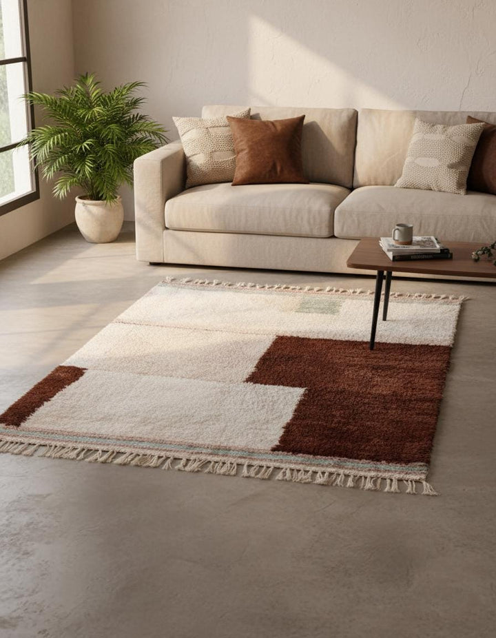 Translation missing: es.Close-up of high-pile wool shag showing cream pile and chocolate block texture with fringe — moroccan rug, rug, carpet, teppich