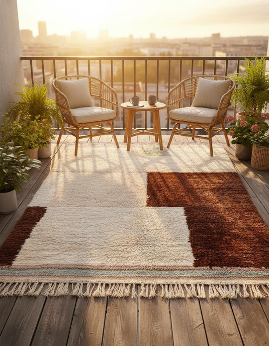 Translation missing: es.Full view handwoven wool rug: cream base, chocolate geometric blocks, peach highlights and mint stripes — boho living room rug, rugs rug carpet teppich