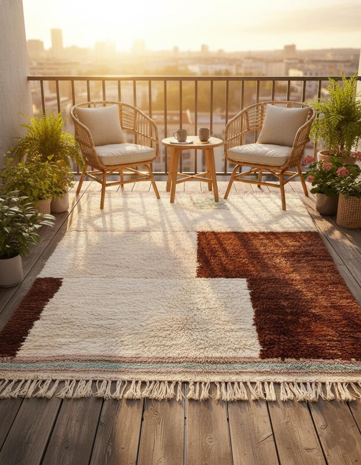 Translation missing: es.Full view handwoven wool rug: cream base, chocolate geometric blocks, peach highlights and mint stripes — boho living room rug, rugs rug carpet teppich