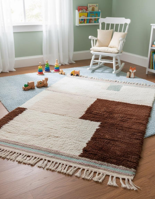 Translation missing: es.Full view handwoven wool rug: cream base, chocolate geometric blocks, peach highlights and mint stripes — boho living room rug, rugs rug carpet teppich