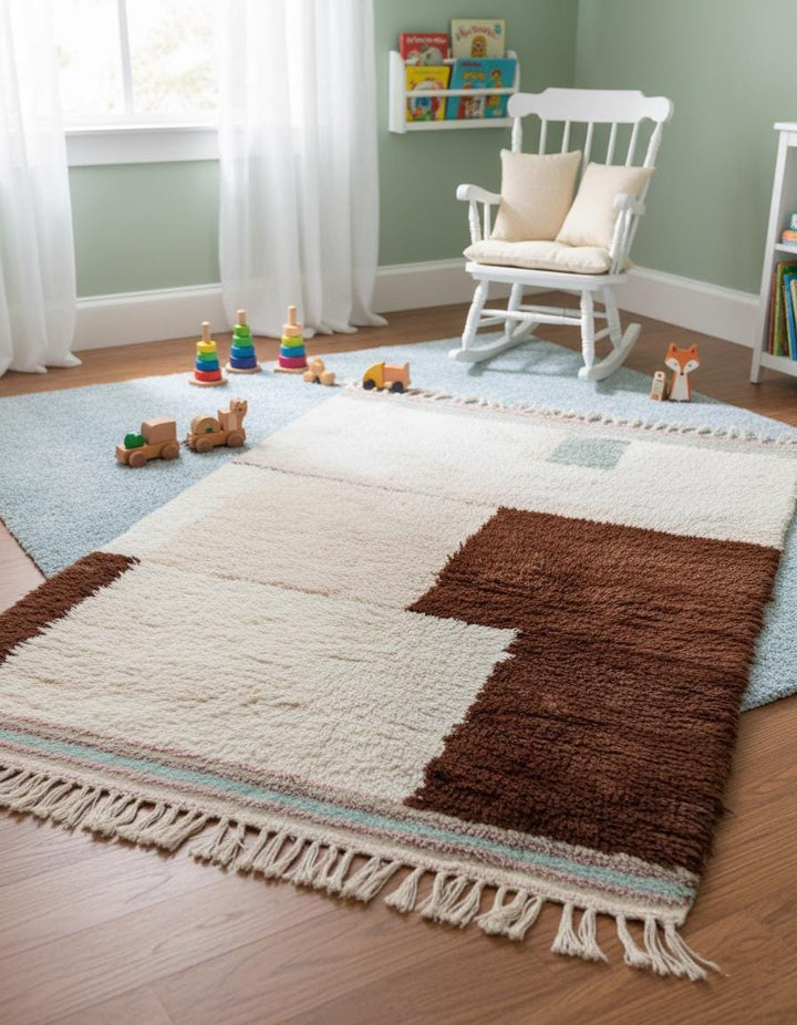Translation missing: es.Full view handwoven wool rug: cream base, chocolate geometric blocks, peach highlights and mint stripes — boho living room rug, rugs rug carpet teppich