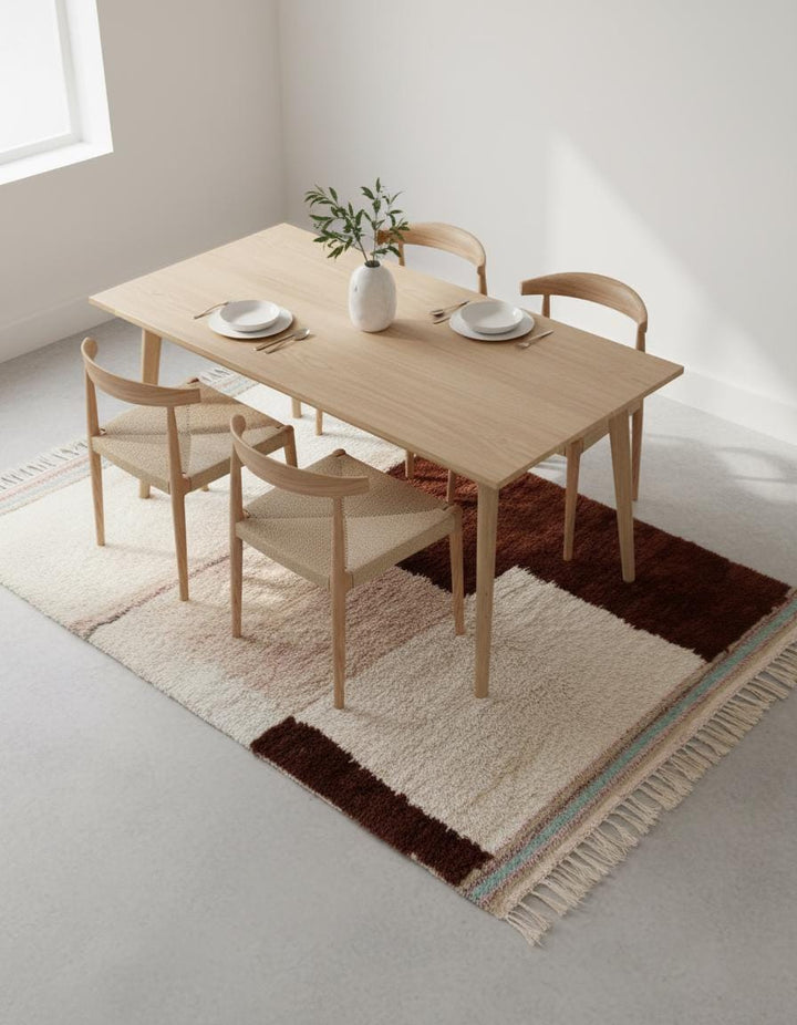 Translation missing: es.Textured artisanal wool shag rug with bold brown block and soft blush accents, finished with fringe — perfect area rug, rugs rug carpet teppich