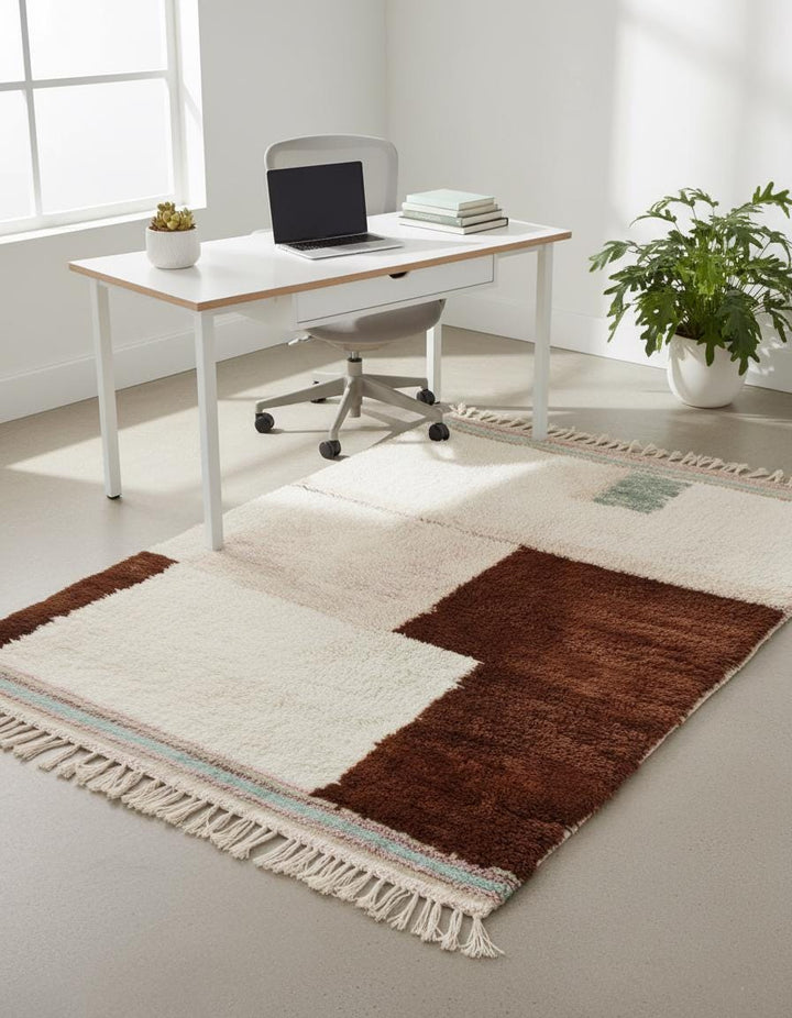 Translation missing: es.Modern Berber-style rug with cream and chocolate blocks plus subtle mint edge stripes — cozy handwoven rug for bedroom or living room, rugs rug teppich