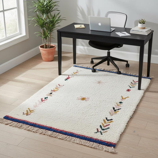 Translation missing: es.Soft cream Berber rug featuring playful tribal symbols and blue-red border, handmade wool carpet for living room or bedroom