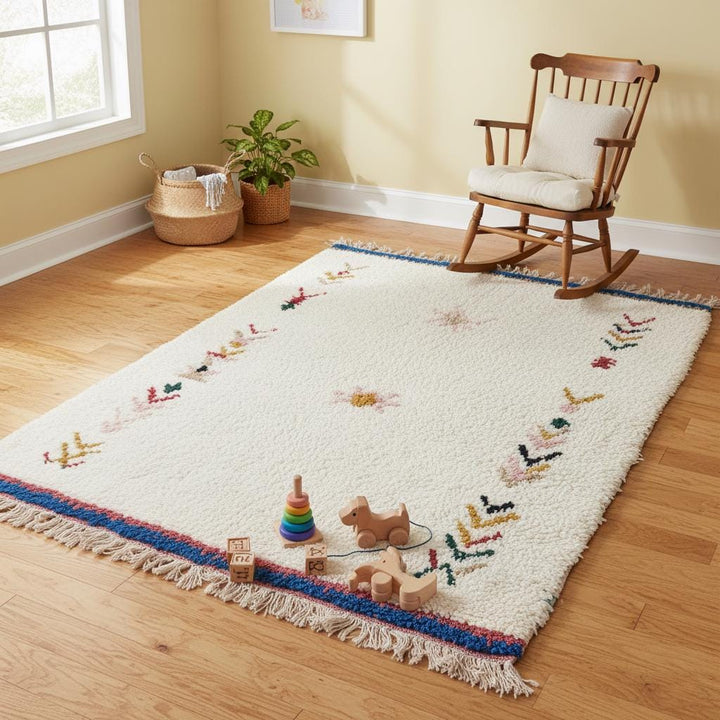 Translation missing: es.Boho wool area rug with simple embroidered tribal patterns and fringed edges, Moroccan-inspired home décor style