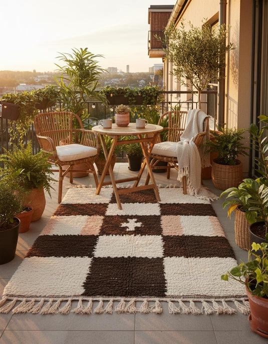 Translation missing: es.Close-up of high-pile wool shag in cream and deep brown checker pattern with peach stripes and handcrafted fringe — moroccan rug, rug, teppich