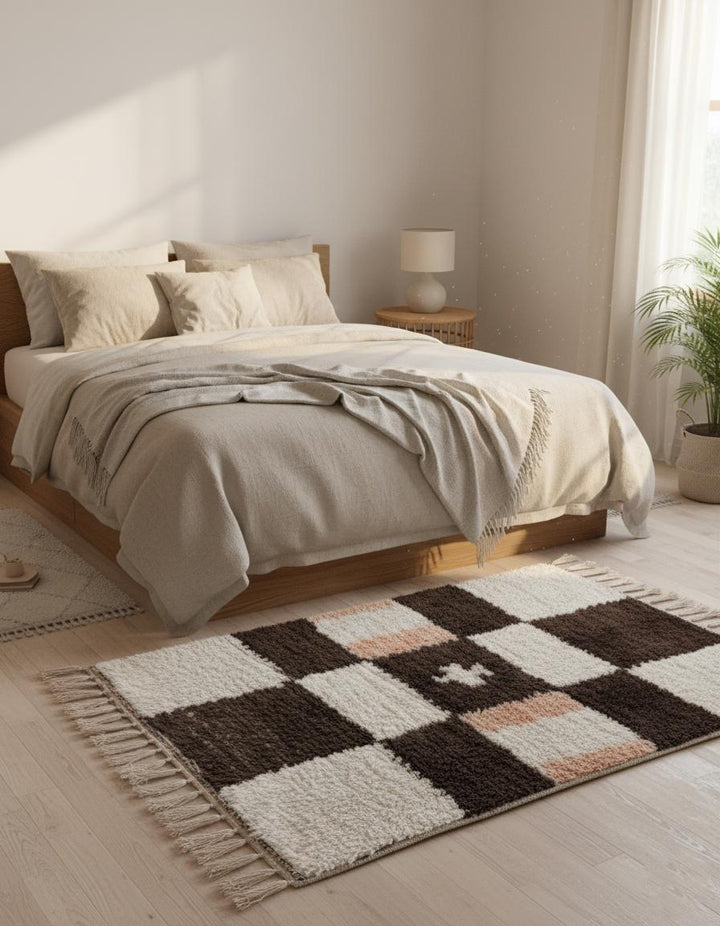 Translation missing: es.Full view handwoven Berber-style rug: cream squares and chocolate blocks with peach accents and fringe — perfect living room rug, rugs carpet teppich