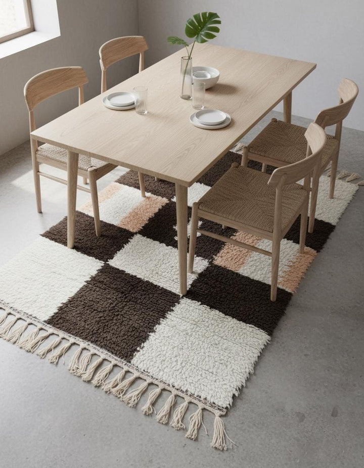 Translation missing: es.Handwoven Moroccan Wool Shag Rug – Cream &amp; Chocolate Checkerboard