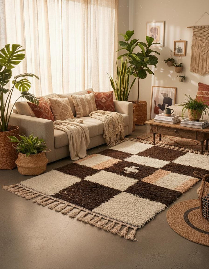 Translation missing: es.Handwoven Moroccan Wool Shag Rug – Cream &amp; Chocolate Checkerboard