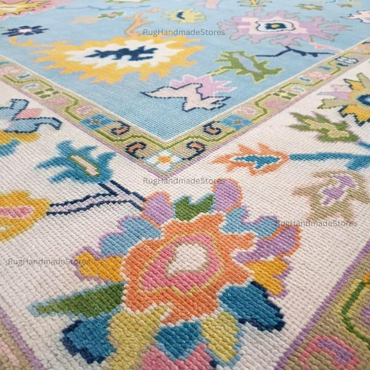 Translation missing: en.Handwoven Oushak Rug: Sky Blue, Aqua &amp; Mustard Turkish Boho Carpet