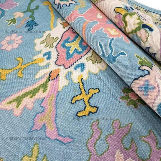 Translation missing: es.Handwoven Oushak Rug: Sky Blue, Aqua &amp; Mustard Turkish Boho Carpet