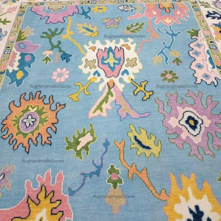 Translation missing: en.Handwoven Oushak Rug: Sky Blue, Aqua &amp; Mustard Turkish Boho Carpet