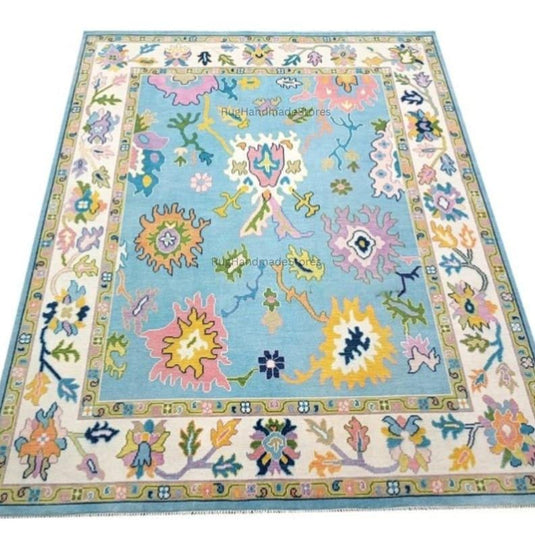 Translation missing: es.Handwoven Oushak Rug: Sky Blue, Aqua &amp; Mustard Turkish Boho Carpet