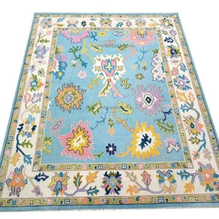Translation missing: en.Handwoven Oushak Rug: Sky Blue, Aqua &amp; Mustard Turkish Boho Carpet