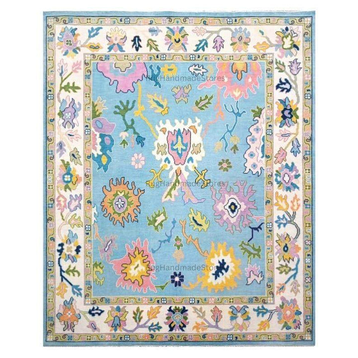Translation missing: en.Handwoven Oushak Rug: Sky Blue, Aqua &amp; Mustard Turkish Boho Carpet