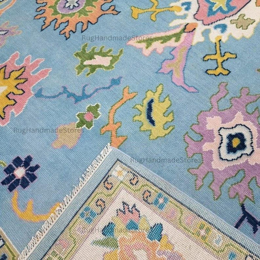 Translation missing: es.Handwoven Oushak Rug: Sky Blue, Aqua &amp; Mustard Turkish Boho Carpet