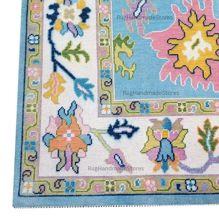 Translation missing: en.Handwoven Oushak Rug: Sky Blue, Aqua &amp; Mustard Turkish Boho Carpet