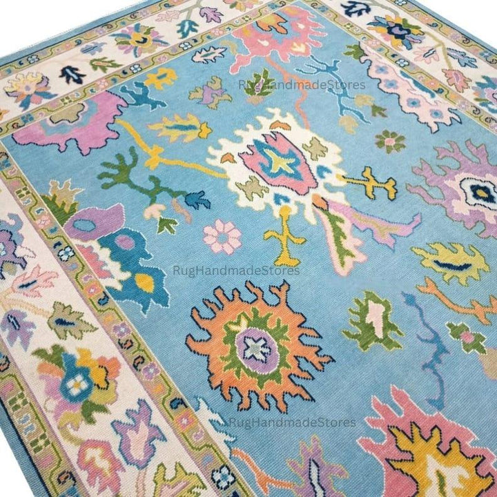 Translation missing: en.Handwoven Oushak Rug: Sky Blue, Aqua &amp; Mustard Turkish Boho Carpet
