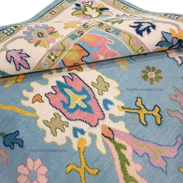 Translation missing: en.Handwoven Oushak Rug: Sky Blue, Aqua &amp; Mustard Turkish Boho Carpet
