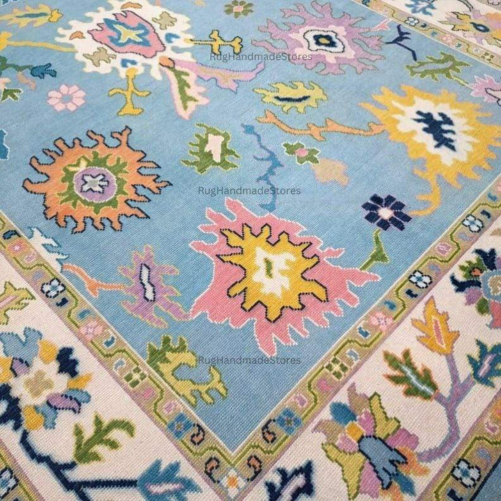 Translation missing: en.Handwoven Oushak Rug: Sky Blue, Aqua &amp; Mustard Turkish Boho Carpet