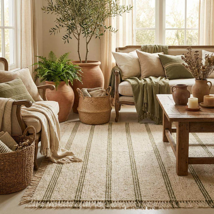 Translation missing: es.Artisan wool rug with green detailing and tassel edge, ideal for cozy home décor