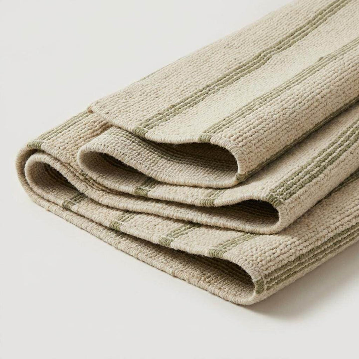 Translation missing: es.Handwoven Wool Area Rug | Chunky Knit, Green Stripe &amp; Tassels