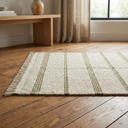 Translation missing: es.Handwoven Wool Area Rug | Chunky Knit, Green Stripe &amp; Tassels
