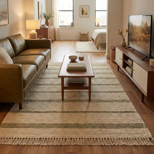 Translation missing: es.Handwoven Wool Area Rug | Chunky Knit, Green Stripe &amp; Tassels