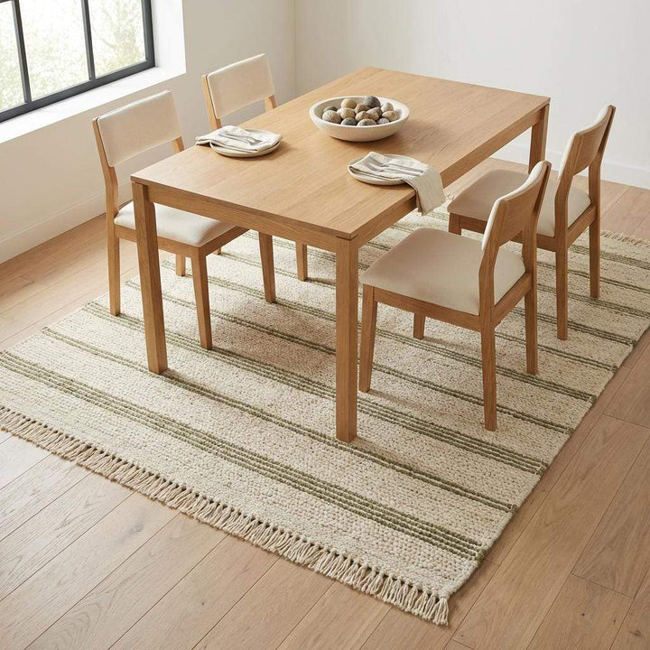 Translation missing: es.Handwoven Wool Area Rug | Chunky Knit, Green Stripe &amp; Tassels