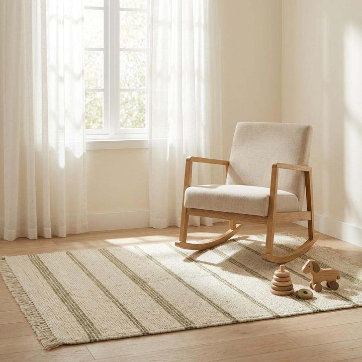 Translation missing: es.Neutral cream and sage striped wool throw rug highlighting textured craftsmanship