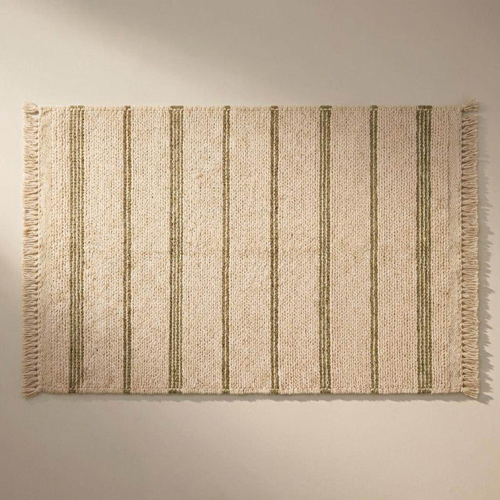 Translation missing: es.Handwoven Wool Area Rug | Chunky Knit, Green Stripe &amp; Tassels