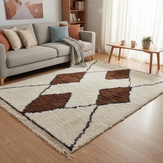 Translation missing: es.Handwoven look Moroccan rug in ivory with brown geometric diamonds — boho minimalist aesthetic for modern interiors